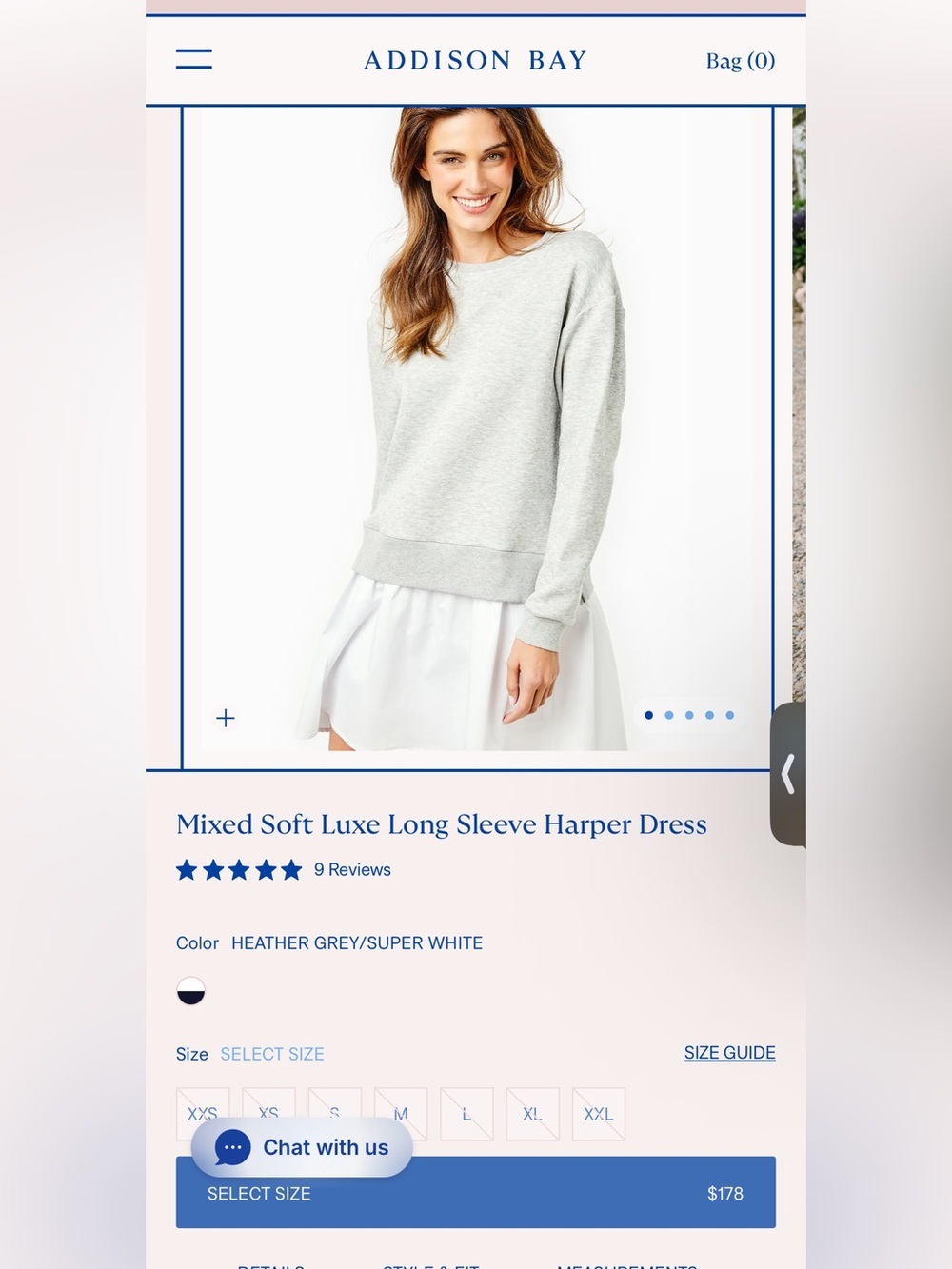 Addison Bay “Harper” Heather Grey and White Long Sleeve Layered Dress, Size Med